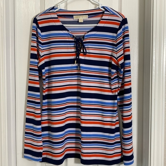 Michael Kors lace up nautical blue and orange striped blouse size medium - Picture 1 of 5